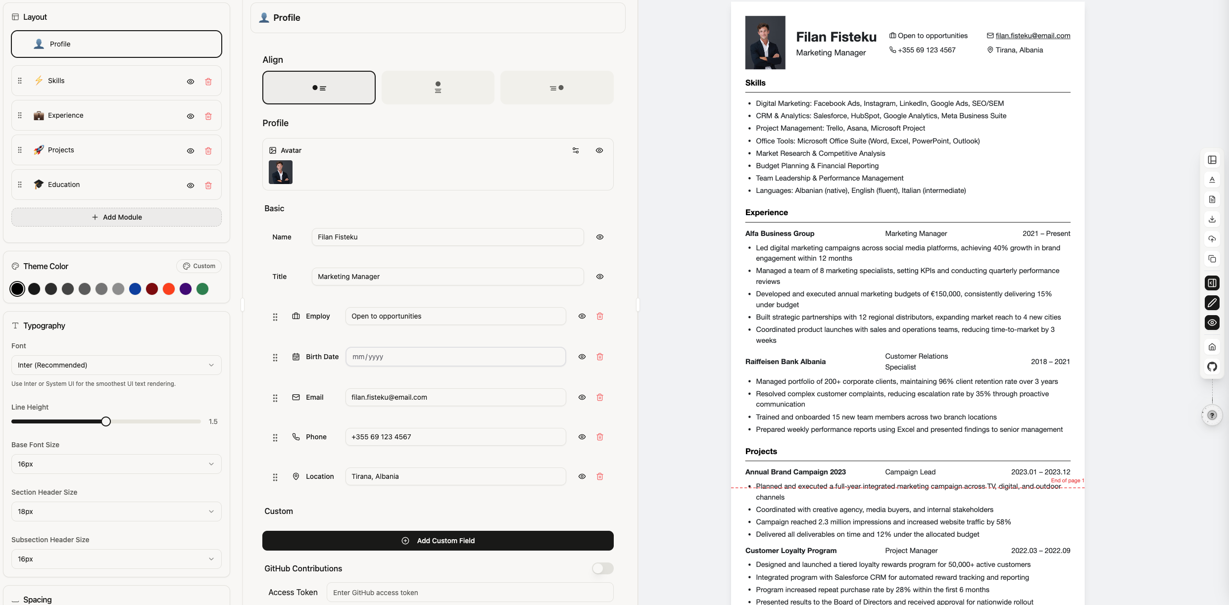 Resume Editor Preview